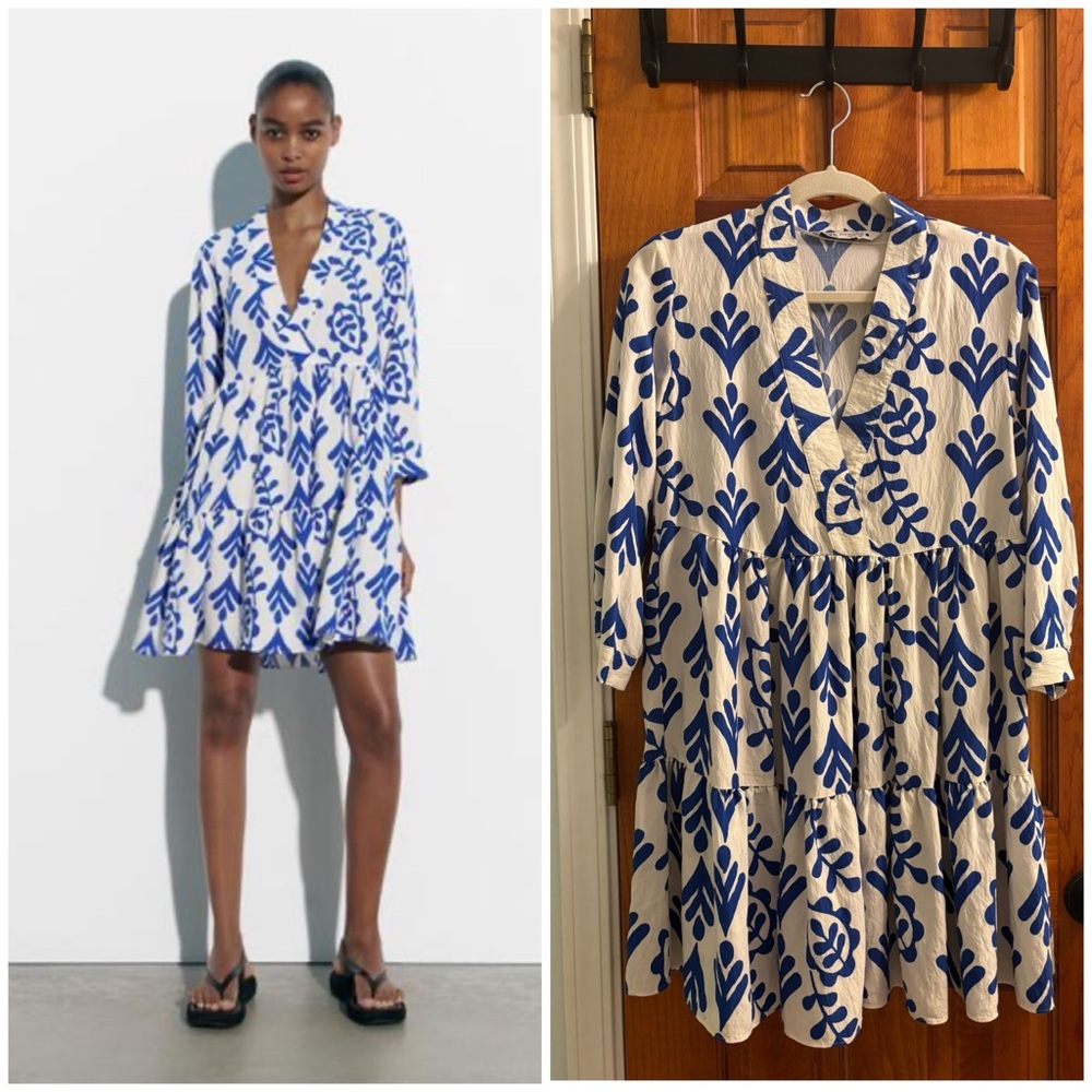 Zara Printed Blue and White Dress - XS